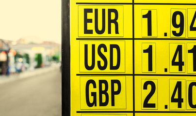 Currency exchange rates board at street