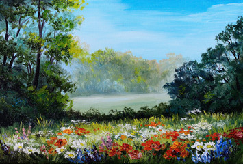 Oil Painting - field with flowers and forest abstract drawing - 74201066