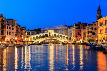 Rialto bridge and Grand Canal at twilight, Venice Italy