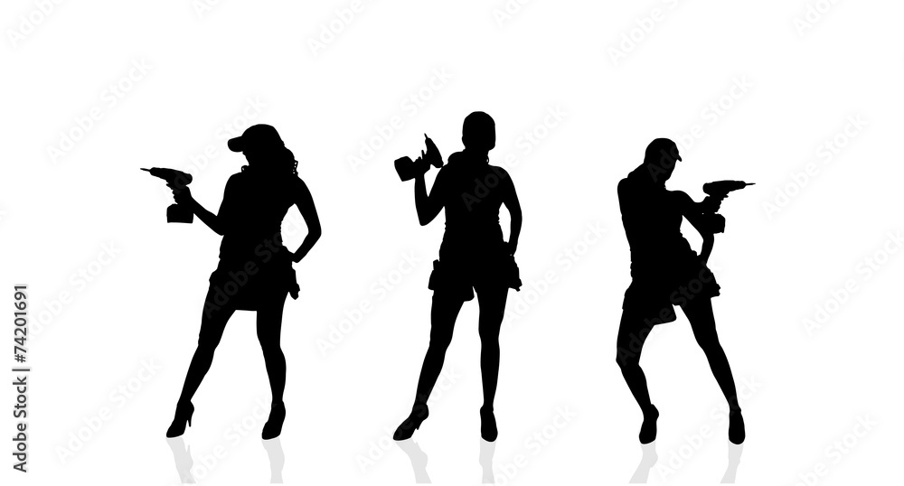 Wall mural Vector silhouette of a woman with a drill.