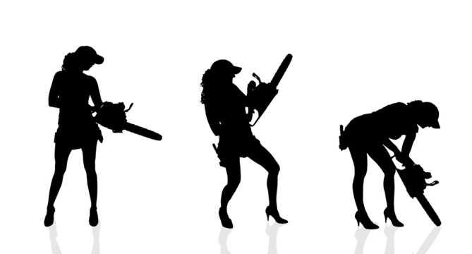 Vector silhouette of a woman with a chainsaw.