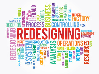Fototapeta premium Word cloud of REDESIGNING related items, vector background