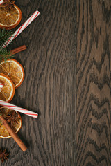 rustic christmas decorations on old oak table