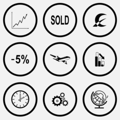 diagram, sold, monetary sign, -5%, airliner, graph degress, cloc