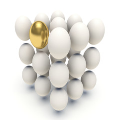 Golden egg among white eggs. 3d render illustration.