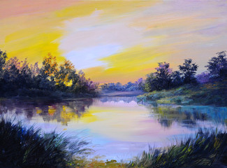 Oil Painting landscape - beautiful lake at colorful sunset, made