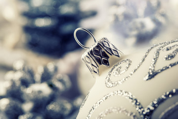 Fototapeta na wymiar Luxury Christmas ball with ornaments in Christmas Snowy Landscap