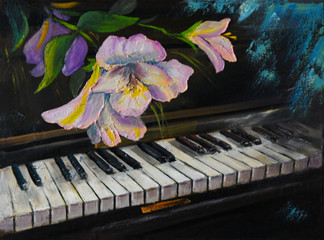 Oil Painting - piano and flowers, vintage, artwork painted with