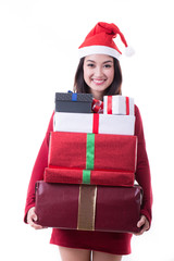 Christmas Asian Santa girl hold gift and smile