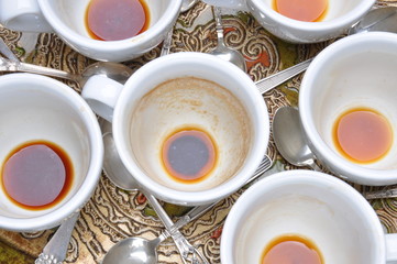 Dirty cups and spoons after coffee on the table