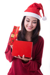 Christmas Asian Santa girl hold gift and smile