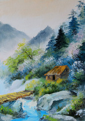 Obraz premium oil painting - landscape in mountains, house in the mountains an