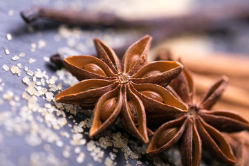 Star anise with cinnamon sticks over black stones background 