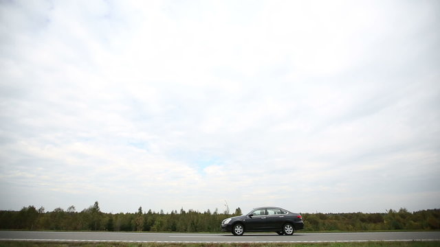 The car rides on the road