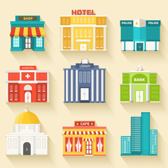 Flat colorful vector sity buildings set. Icons background concep