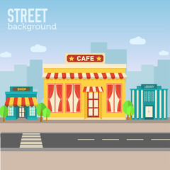 cafe building in city space with road on flat syle background co