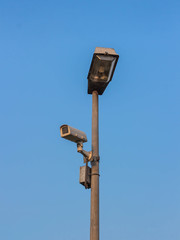 CCTV camera spying down onto the world below