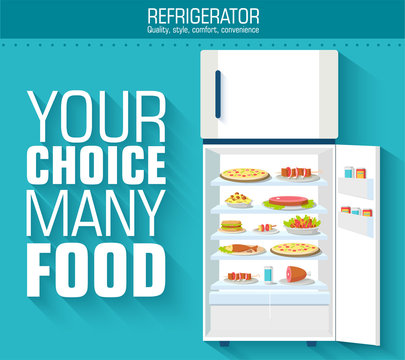 Flat fridge full of many food background concept. Vector illustr