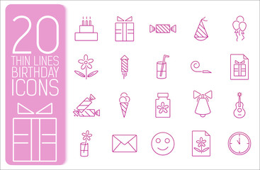 thin line happy birthday icons set concept. Vector illustration