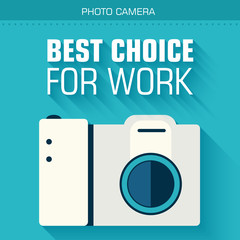 Flat photo camera with a long shadow on the background with the