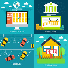 flat set of social business travel, online banking, parking and