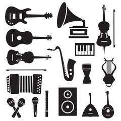 flat music instruments icons pictograms background concept. Vect