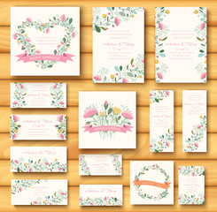 colorful greeting wedding invitation card illustration set. Flow