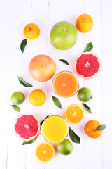 Juices and many citrus close-up