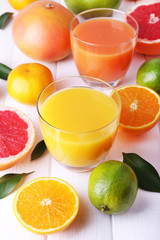 Juices and many citrus close-up