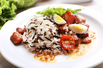 Tasty rice served on table, close-up