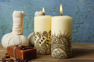 Beautiful spa composition with decorative Indian candles,