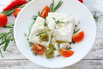 Feta cheese on table close-up