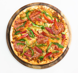 Thinly sliced pepperoni pizza on white