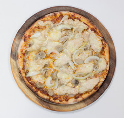 Delicious chicken pizza on white