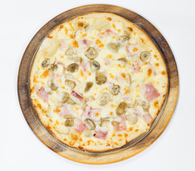Delicious pizza ham with mushroom on white