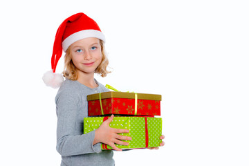 nice girl with Santa- cap and presents