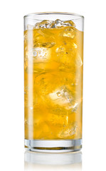 Glass of orange carbonated lemonade on white background. With cl