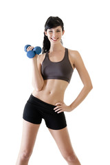 Young woman exercising with dumbbells isolated on white