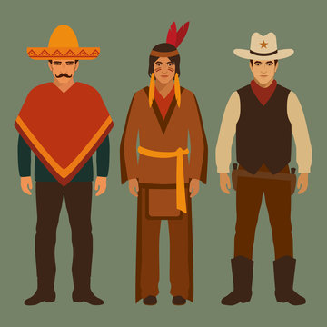 Cowboy, Indian And Mexican, American People