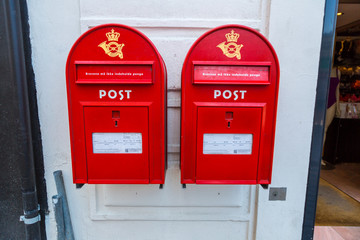 Mail boxes on wall in Copenhagen, Denmark