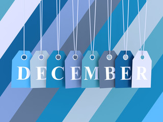 December tag on colored hanging labels. Winter colors