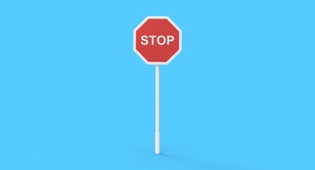 3D red STOP sign pole on blue background