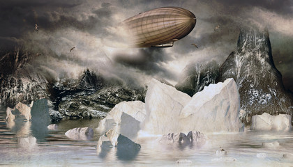 Zeppelin im Eismeer mit Eisberge und Felsen © i-picture