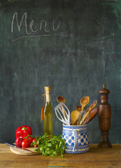 Food ingredients,kitchen utensils, black board, free copy space