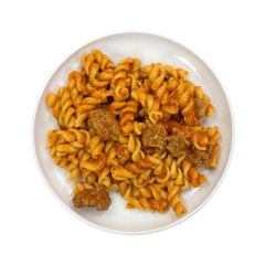Serving of pasta with sausage in tomato sauce