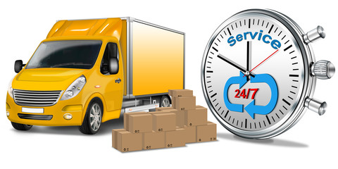 24/7 Service. Kleintransporter mit Stoppuhr und Pakte