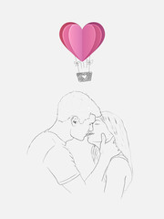 Sketch of kissing couple with heart hot air balloon