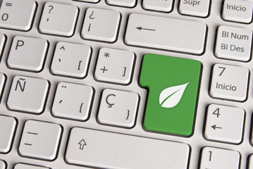 Green ecology concept, leaf keyboard key. - obrazy, fototapety, plakaty