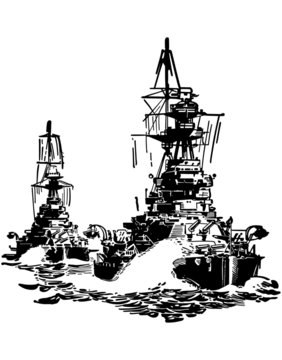 black and white warships sailing on water clip art preview