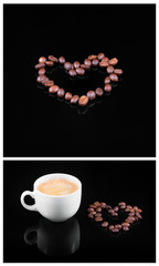 Coffee beans and fresh coffee in white cup